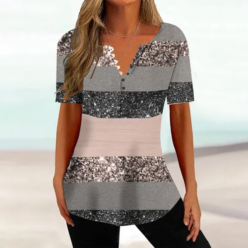 Miniatura 69 de Summer Shirts for Women 2025 Plus Size Short Sleeve Henley Tops Marble Floral Loose Tshirt Tee Casual Dressy Tunics