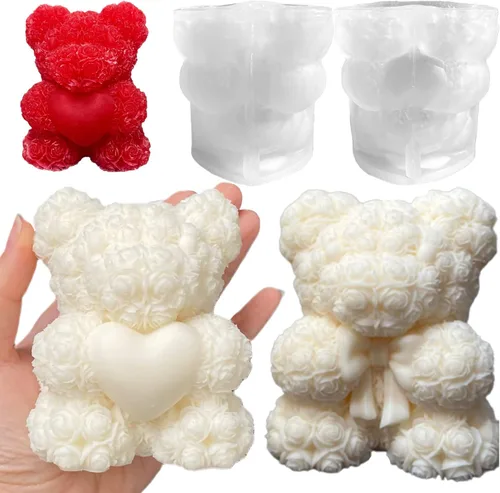 Paquete de 2 moldes de velas de oso de rosas 3D, moldes de silicona para el día de San Valentín, pinte su propio corazón o vela de oso de rosa,