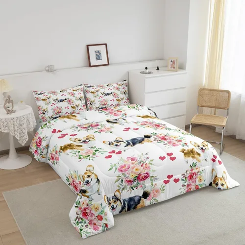 Miniatura 3 de Erosebridal Lindo juego de edredón de perro Corgi para niños y niñas, juego de ropa de cama romántico de flores rosas tamaño individual, edredón