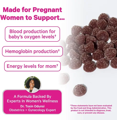 Miniatura 3 de Gomitas de suplemento prenatal de hierro para mujer, 20 mg, 60 unidades de Pink Stork Con vitamina C para absorción, sabor a uva, alivia