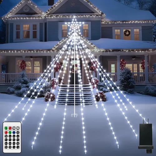 Luces de árbol de Navidad para exteriores, 340 luces LED de decoración de Navidad con estrella superior, luz de Navidad impermeable IP67 con 16