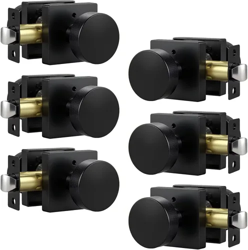 Knobonly Paquete de 6 pomos de puerta negros para dormitorio y baño, pomos de puerta de privacidad interiores con cerradura, pomos de puerta