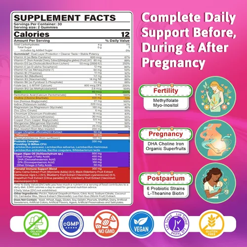 Miniatura 2 de Vitaminas prenatales para mujeres, gomitas de vitaminas prenatales 37 en 1 con DHA, colina, hierro, metilfolato, vitamina D3 C B12 B6, apoyo