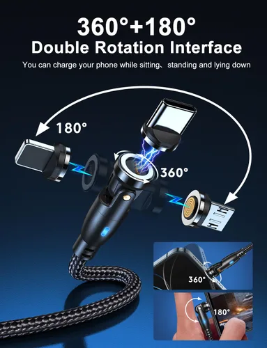 Miniatura 3 de Cable de carga magnético de rotación 540 de 100 W, 3.3 pies/6 pies, paquete de 2 unidades, cable USB C a USB C, cable de carga magnética, cable