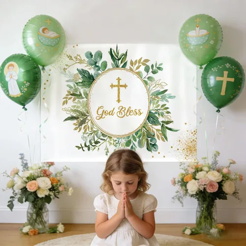 Miniatura 3 de Mocsicka Telón de fondo de bautismo con texto en inglés "God Bless Bautismo" de 7 x 5 pies, pancarta de primera comunión para niños y niñas, hojas