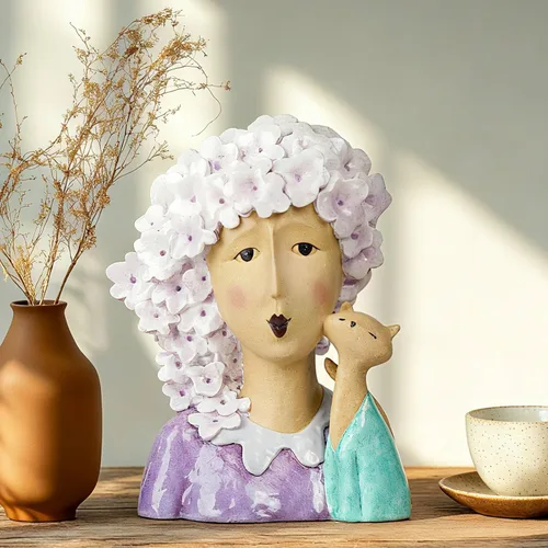 DiliComing Estatuas de Jardín - Estatuas de Cabeza de Mujer para Decoración del Hogar - Estatua de Arte Moderno de Mujer con Gato de 33 cm, Mujer y