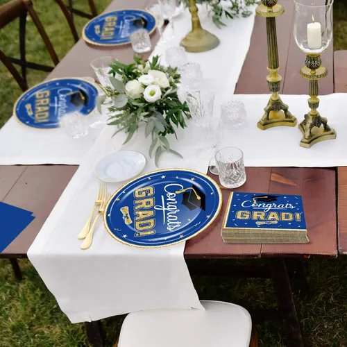 Miniatura 7 de Juego de vajilla de suministros para fiesta de graduación 2026, 100 platos y servilletas de graduación de oro azul para clase de 2026, vajilla