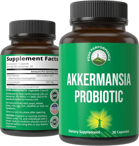 Peak Performance Akkermansia Probiótico para aumentar la producción de GLP-1 - Cepa viva Akkermansia Muciniphila de ultra alta resistencia con fibra