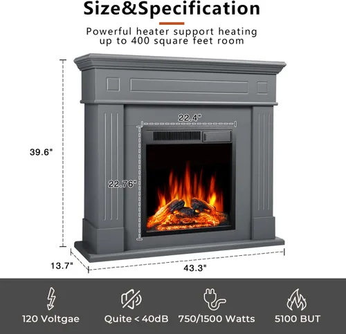 Miniatura 5 de R.W.FLAME - Chimenea eléctrica de 43" con repisa, caja de fuego envolvente de madera, soporte de TV con chimenea eléctrica de pie, control remoto
