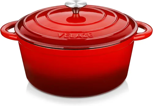 Velaze Olla Holandesa de 7.5 QT con Tapa, Olla Holandesa de Hierro Fundido Esmaltado con Asas Dobles para Hornear Pan de Masa Madre, Cocinar, Rojo