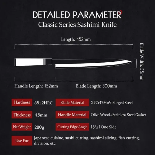 Miniatura 2 de HEZHEN Cuchillo Sashimi de 11.811 in, cuchillo de yanagiba de acero forjado, rebanado de sushi, estuche de cuchillo de mango de madera
