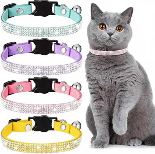 Miniatura 7 de Weewooday 4 collares de gato con diamantes de imitación, collar de gato con campana, accesorios brillantes para mascotas con terciopelo suave, 4