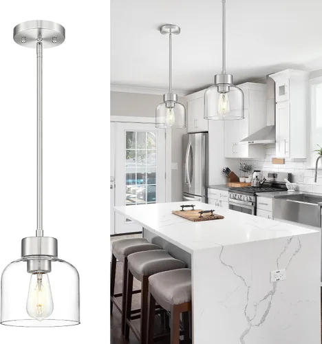 Miniatura 10 de Luces Colgantes Negras para Isla de Cocina, Accesorios de Luces Colgantes de 7" con Pantalla de Vidrio Transparente, Iluminación Colgante Moderna