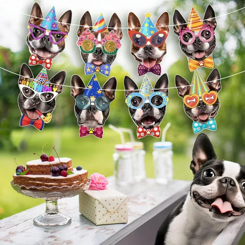 Miniatura 3 de Guirnalda de cumpleaños para perro Boston Terrier, pancarta de cumpleaños con caras fotográficas de Boston Terrier, decoración divertida de fiesta