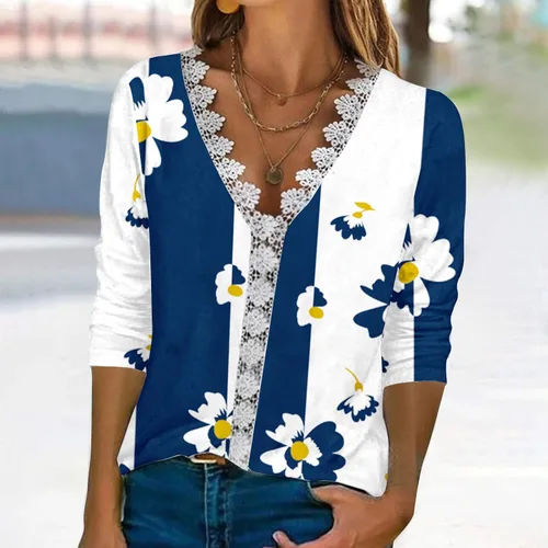 Miniatura 2 de Floral 34 Sleeve Tops for Womens 2023 Trendy V-Neck Crochet Lace Trim Tshirts Casual Loose Fit Pullover Dressy Blouse