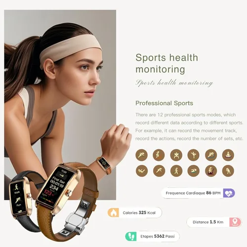 Miniatura 4 de Amoled Laies - Reloj inteligente para mujer, reloj inteligente con correa de piel, monitor de ritmo cardíaco, estrés, sueño, 12 modos deportivos