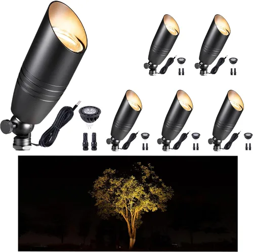 Miniatura 19 de Gardenreet Focos de paisaje de bajo voltaje - Luz superior LED de latón 12V para exterior, luces focales cableadas IP65 impermeables, enfoque