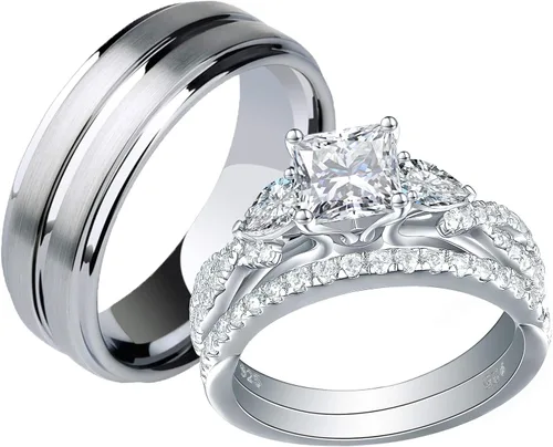 Newshe Jewellery Juego de anillos de boda para él y ella, AAAAA, circonita cúbica para mujeres y hombres, anillos de tungsteno de plata de ley 925
