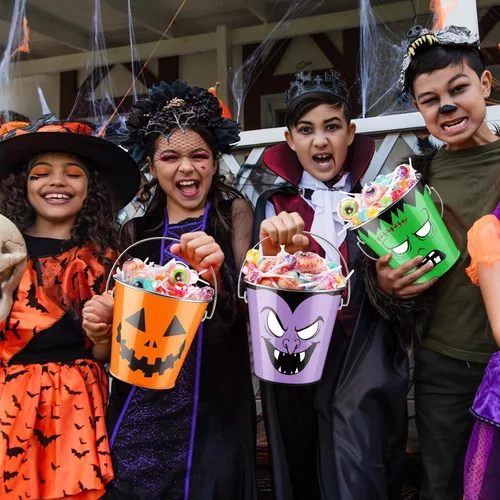 Miniatura 6 de Tioncy 6 cubos de calabaza de Halloween a granel de metal para trucos o golosinas, cubo de recuerdos de fiesta con asa, cubo pequeño de calabaza