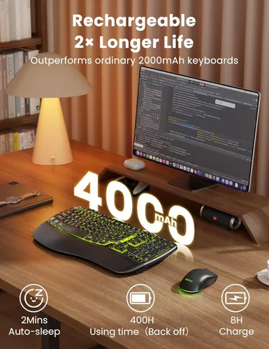 Miniatura 5 de Combo ergonómico de teclado y mouse inalámbricos, teclado retroiluminado recargable de 4000 mAh con un reposamanos suave de piel de cordero
