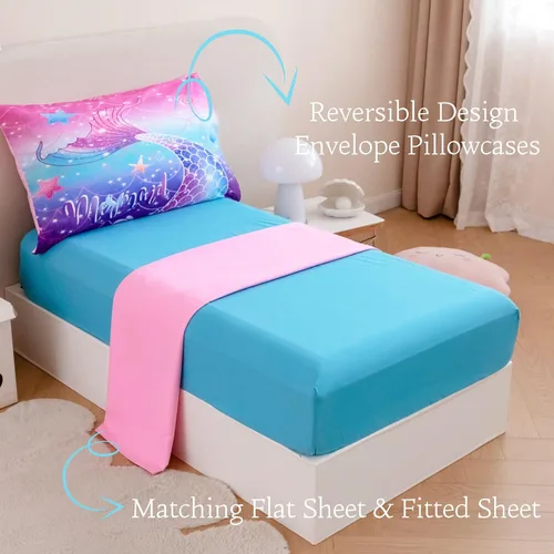 Miniatura 5 de ZRNBAST Juego de ropa de cama de sirena para niños pequeños, juego de edredón de escamas de pez de 4 piezas para dorados, color morado y azul, cama