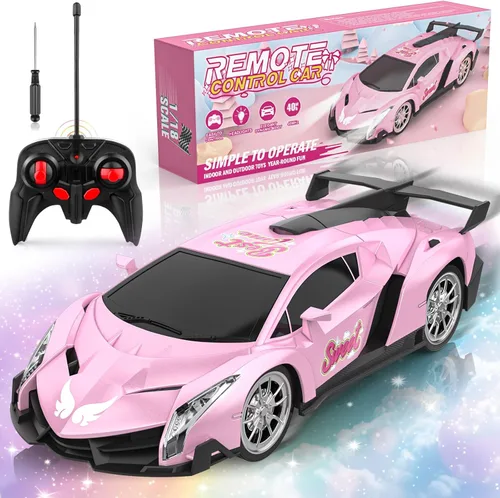 Growsland Auto a control remoto para niñas, 1:18, color rosa, autos RC juguetes para niñas, vehículo eléctrico de juguete auto de carreras de
