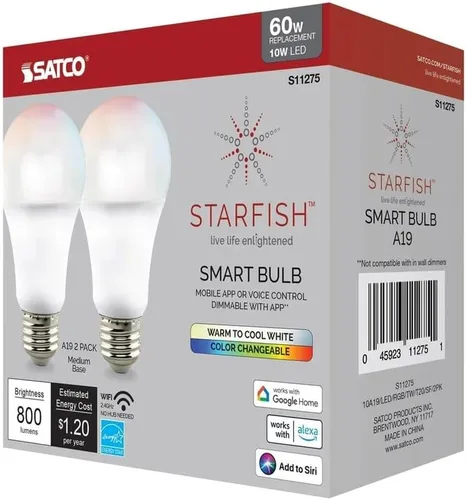Miniatura 5 de Satco S11275 Starfish A19 Bombilla LED inteligente LED que cambia de color, funciona con Siri, Alexa, Google Assistant, SmartThings, 2700K-5000K