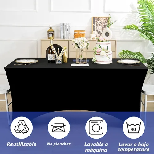 Miniatura 5 de Fixwal Paquete de 3 Manteles Negros para Mesas Rectangulares de 6 Pies, Manteles Rectangulares Elásticos de Spandex Ajustables de 6 Pies