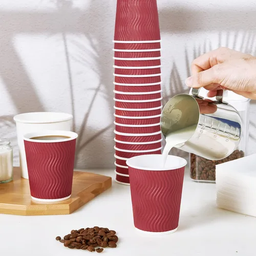 Miniatura 7 de JollyPack Paquete de 120 Tazas de Café de Papel, Tazas de Café Desechables de 8 oz, Tazas Rojas para Bebidas Calientes con Pared Ondulada Aislante
