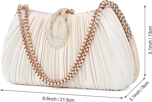 Miniatura 5 de FALETO Bolso de mano para mujer, de satén, plisado, de noche, bolso de mano de boda, con cadena, para baile de graduación, cóctel, fiesta