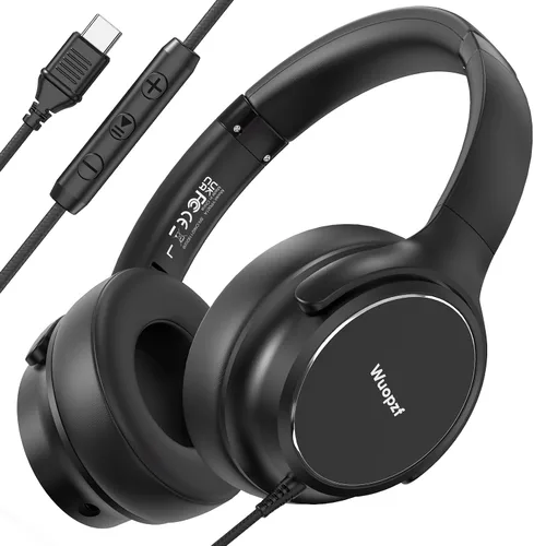 Miniatura 12 de Auriculares con cable USB C sobre la oreja con micrófono, control de volumen, puerto compartido y diadema ajustable, auriculares estéreo plegables