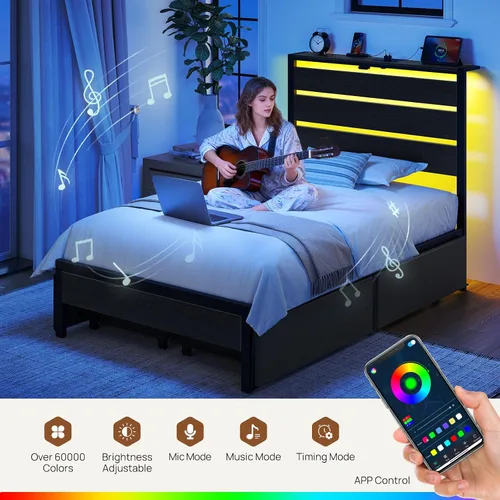 Miniatura 4 de Rolanstar Base de cama individual con 4 cajones, luces LED y estación de carga, plataforma de metal con cabecera de almacenamiento, sin ruido, fácil