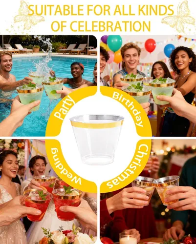 Miniatura 9 de Ciaell 300 vasos de plástico dorados – Vasos de plástico resistentes de 9 onzas – Copa desechable con borde dorado – Taza de vino transparente