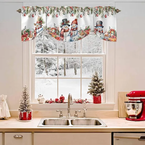Miniatura 3 de Cenefa de amarre de muñeco de nieve de dibujos animados para ventanas de cocina, bolas de Navidad, ramas de hojas, cenefas de cortina de 42 x 12