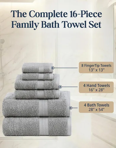 Miniatura 4 de LANE LINEN - Juego de toallas de baño de 16 piezas, color gris espacial, 100% algodón, altamente absorbente, 4 para manos y 8 paños