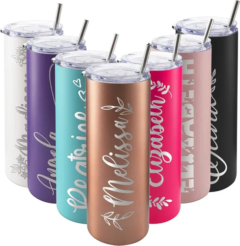 Miniatura 17 de Vasos delgados personalizados con tapa, regalos para ella de 20 onzas, rosa intenso, 12 diseños, vaso grabado personalizado con nombre, tazas Rosa
