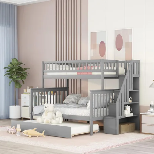 Harper & Bright Designs Literas de tamaño individual sobre matrimonial, litera con escaleras y nido, literas de madera con estante de almacenamiento