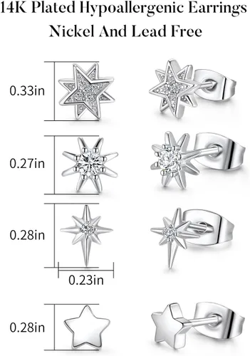 Miniatura 2 de 4 Pairs White Gold Star Stud Earrings for Women Celestial Hypoallergenic Silver Stud Earrings Set for Sensitive Ears
