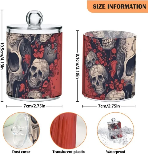 Miniatura 3 de Vnurnrn Qtip - Dispensador de bolas de algodón con tapa, estampado de corazones y calaveras, tarros de plástico, recipientes de baño, organizador