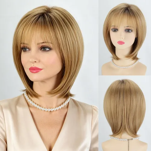 Miniatura 23 de RENERSHOW Pelucas rubias en capas para mujeres blancas con flequillo, peluca de pelo corto lacio, peluca sintética de color rubio degradado