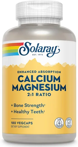 Solaray Absorción mejorada de calcio y magnesio - 180 cápsulas vegetales - Relación 2:1 - Apoya la fuerza ósea y los dientes saludables - Vegano
