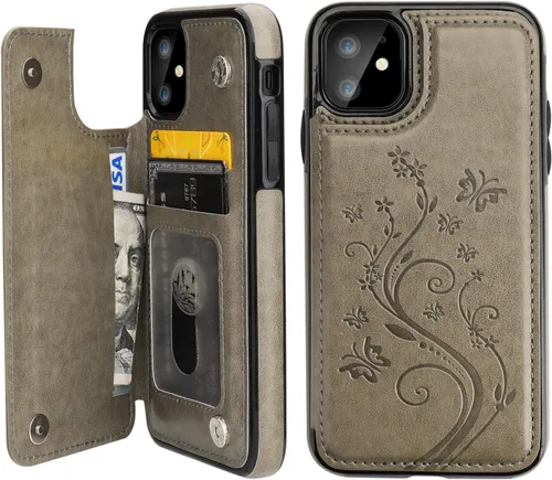 Vaburs Funda compatible con iPhone 11 con tarjetero y diseño de mariposa en relieve, piel sintética de alta calidad, doble botones magnéticos, a Gris