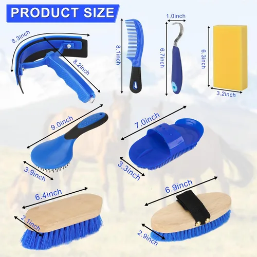 Miniatura 2 de Kit de aseo de 9 piezas con bolsa de mano, juego de cepillos para caballo, raspador de sudor, esponja, púa de pezuñas, peine de curry para jinetes