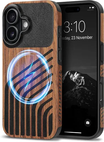 Miniatura 28 de TENDLIN Compatible con iPhone 17 Pro Max Funda de madera con textura de fibra de carbono Diseño de cuero híbrido delgado (negro)