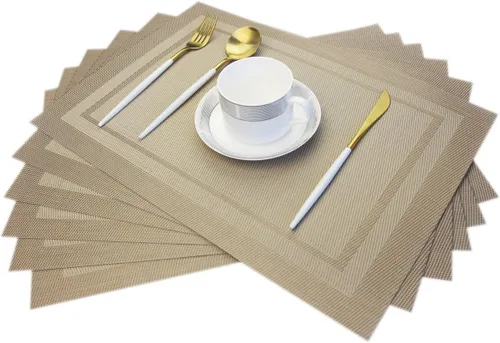 Miniatura 34 de Juego de 6 manteles individuales de plástico lavables para mesa de cocina, resistentes al calor, de vinilo tejido, para exteriores, 12 x 18 Dorado