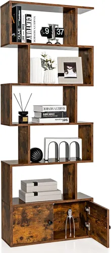Tangkula Estantería en forma de S con gabinete, estantería de 6 niveles con puertas, estanterías geométricas independientes para sala de estar,