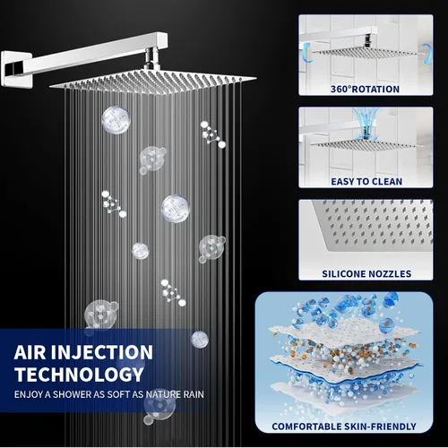 Miniatura 3 de BWE Juego combinado de ducha de mezclador de lluvia de lujo de 12 pulgadas cuadradas para baño, montado en la pared, sistema de cabezal de ducha