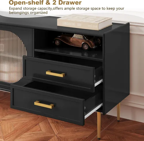 Miniatura 4 de ARTPOWER Soporte de TV moderno de 60" para televisores de 55/60/65 pulgadas, mesa de consola de TV con puertas de vidrio y cajones, centro