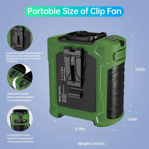 Miniatura 7 de Ventilador de cintura, ventilador recargable de clip de cinturón de 10000 mAh, flujo de aire turbo de 59 pies/s, 18500 rpm, 6 velocidades, hasta 35