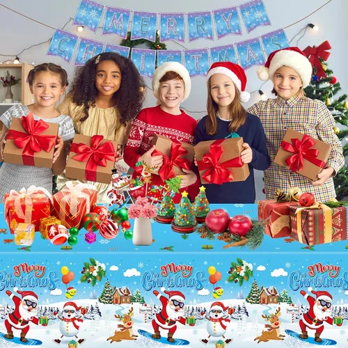Miniatura 2 de 3 piezas de mantel de Navidad - Mantel de plástico de Papá Noel genial para Navidad, mantel rectangular desechable azul y blanco para decoración